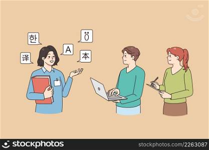 Female teacher or tutor of foreign languages held lesson for diverse students. Woman translator help people understanding and interpreting. Translation and teaching service. Vector illustration.. Female teacher of foreign languages lesson for students