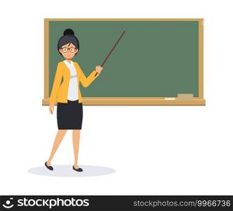 Female teacher with a blank blackboard and pointing stick,Teacher with pointer, teacher showing on board.Flat Vector cartoon character illustration