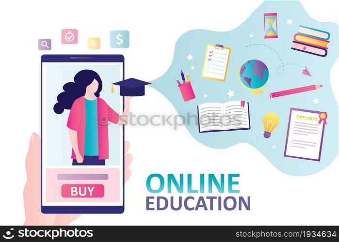 Female teacher with graduation hat on mobile phone screen. Concept of online education, buying courses and e-learning. Idea of learning and knowledge. Banner design. Flat vector illustration. Female teacher with graduation hat on mobile phone screen. Concept of online education, buying courses and e-learning
