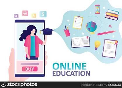 Female teacher with graduation hat on mobile phone screen. Concept of online education, buying courses and e-learning. Idea of learning and knowledge. Banner design. Flat vector illustration. Female teacher with graduation hat on mobile phone screen. Concept of online education, buying courses and e-learning