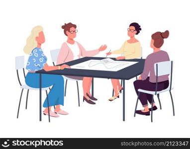 Female team on business meeting semi flat color vector characters. Active figures. Full body people on white. Teamwork isolated modern cartoon style illustration for graphic design and animation. Female team on business meeting semi flat color vector characters