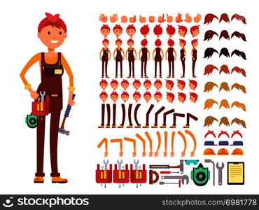 Female technician cartoon vector character. Woman mechanic in jumpsuit creation constructor with body parts for different poses. Woman character mechanic construction illustration. Female technician cartoon vector character. Woman mechanic in jumpsuit creation constructor with body parts for different poses