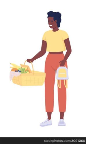Female teenager holding picnic basket semi flat color vector character. Standing figure. Full body person on white. Simple cartoon style illustration for web graphic design and animation. Female teenager holding picnic basket semi flat color vector character