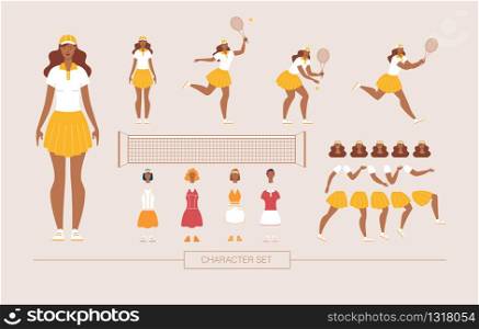 Female Tennis Player Character Constructor Isolated, Trendy Flat Design Elements Set. African-American Sportswoman in Sportswear Playing Tennis, Body Parts, Emotion Face Expressions Illustrations