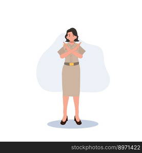 female Thai government officers in uniform. Woman Thai teacher doing cross hand as NO sign, prohibited, STOP, don&rsquo;t . Vector illustration