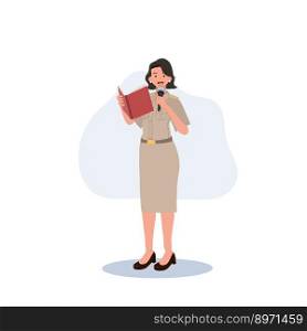 female Thai government officers in uniform. Woman Thai teacher, explaining knowledge from book. Vector illustration