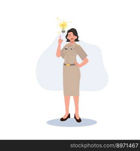 female Thai government officers in uniform. Woman Thai teacher, got new idea, lightbulb. Vector illustration