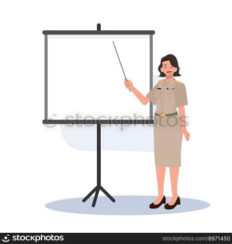 female Thai government officers in uniform. Woman Thai teacher holding pointer stick, explaining knowledge in board. Vector illustration