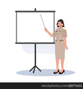 female Thai government officers in uniform. Woman Thai teacher holding pointer stick, explaining knowledge in board. Vector illustration