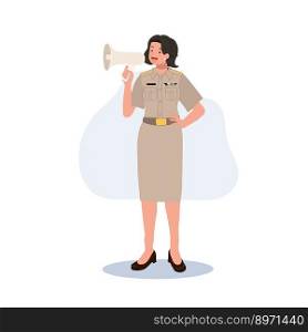 female Thai government officers in uniform. Woman Thai teacher using megaphone. Vector illustration