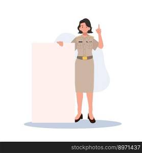 female Thai government officers in uniform. Woman Thai teacher with blank board, placard. Vector illustration