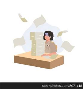 female Thai government officers in uniform. Woman Thai teacher with too overload paper worksheet on the desk. Vector illustration