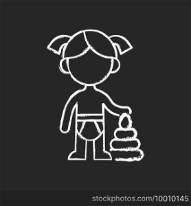 Female toddler chalk white icon on black background. Toddlerhood. Preschool years. Cognitive, emotional and social development. 12 to 36 months old child. Isolated vector chalkboard illustration. Female toddler chalk white icon on black background