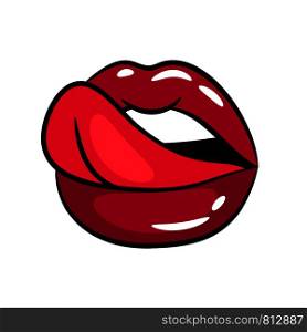 Female tongue liking glossy lips vector illustration on white background. Female tongue liking glossy lips