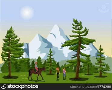 female tourist riding a horse Greeting male and female tourists in a pine forest with snowy mountains in the background.