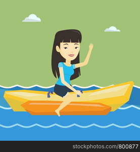 Female tourists riding a banana boat and waving hand. Young happy asian woman having fun on banana boat in the sea. Woman enjoying her summer vacation. Vector flat design illustration. Square layout.. Tourists riding a banana boat vector illustration.