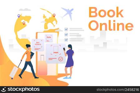 Female tourists using mobile phone and booking flight ticket. Mobile app, travel, business trip. Booking online concept. Vector illustration can be used for banners, poster, presentation slide