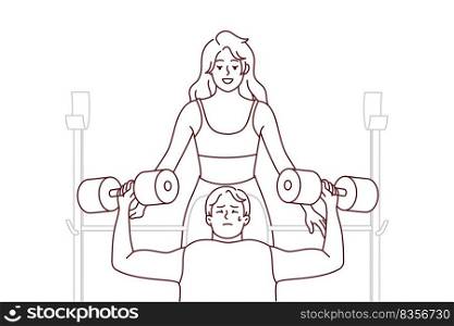 Female trainer help male client workout in gym. Woman athlete or coach train with customer with barbells in sport center. Vector illustration.. Female trainer help male client in gym
