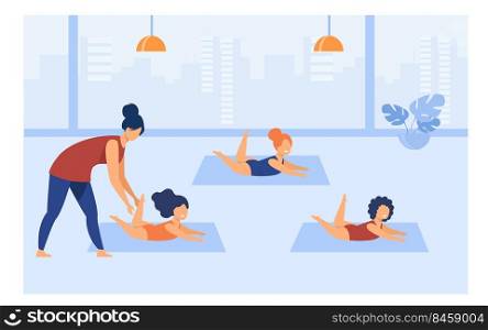 Female trainer helping girls to do yoga exercise. Flexibility, gym, body flat vector illustration. Fitness and healthcare concept for banner, website design or landing web page