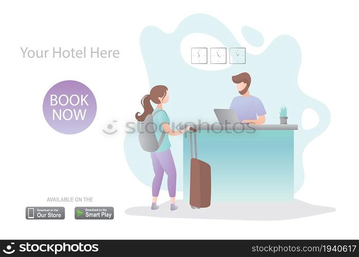 Female traveller with backpack and suitcase and male receptionist on workplace,reception interior,check-in process,landing page template,trendy style vector illustration