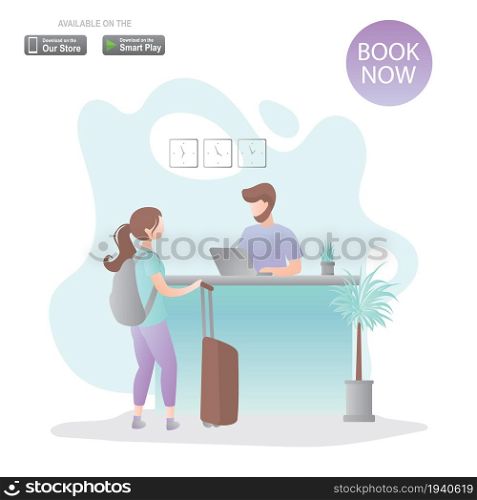 Female traveller with backpack and suitcase and male receptionist on workplace,reception interior,check-in process,web page template,trendy style vector illustration