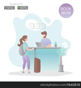 Female traveller with backpack and suitcase and male receptionist on workplace,reception interior,check-in process,web page template,trendy style vector illustration