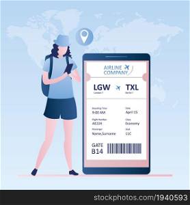 Female traveller with smartphone,online check-in,Airline boarding pass ticket with barcode code.Vector illustration in trendy style