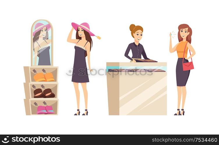 Female trying different hats in shop set vector. Jewelry store with consultant advising to buy gold ring with diamond. Customer with precious stone. Female Trying Different Hats in Shop Set Vector