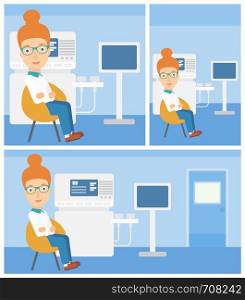 Female ultrasound doctor sitting with arms crossed near modern ultrasound equipment at medical office. Vector flat design Illustration. Square, horizontal, vertical layouts.. Female ultrasound doctor.