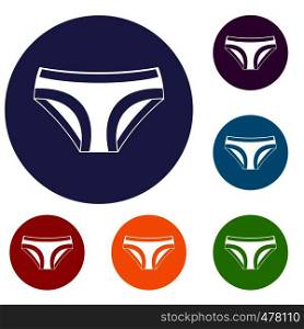 Female underwear icons set in flat circle red, blue and green color for web. Female underwear icons set