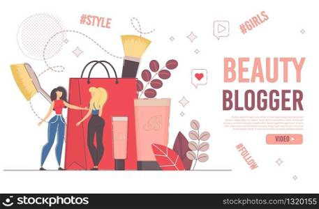 Female User and Beauty Woman Blogger Consultation. Online Female Consultant Showing Latest Fashion Trends in Makeup to Customer. Shopping Guide. Cosmetics Advertisement. Landing Page Design. Female User Beauty Blogger Consultation Webpage