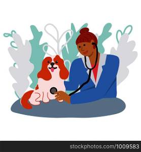 Female vet doctor examining a happy dog with a stethoscope. Pet illustration for pet insurance concept. Vector.. Veterinary concept with doctor medical examination of dog.