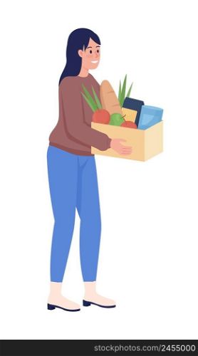 Female volunteer with humanitarian aid box semi flat color vector character. Standing figure. Full body person on white. Simple cartoon style illustration for web graphic design and animation. Female volunteer with humanitarian aid box semi flat color vector character