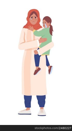Female war victim holding teary daughter semi flat color vector characters. Crying figures. Full body people on white. Simple cartoon style illustration for web graphic design and animation. Female war victim holding teary daughter semi flat color vector characters
