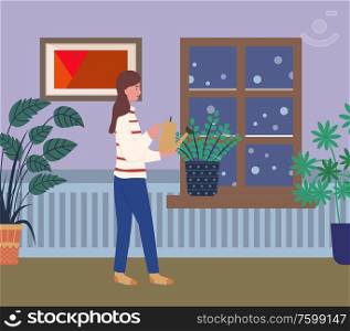 Female watering plants growing in soil vector, apartment of person indoors hobby. Snowing weather, winter season, greenhouse with falling snowflakes outdoors. Woman at Home Caring for Plants Watering Flora