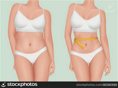Female weight. Different body type of womans visualization stages after and before lose weight. Decent vector healthy sport lifestyle concept realistic illustrations of female weight figure. Female weight. Different body type of womans visualization stages after and before lose weight. Decent vector healthy sport lifestyle concept realistic illustrations