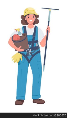 Female window cleaner semi flat color vector character. Standing figure. Full body person on white. Gender equality in workplace simple cartoon style illustration for web graphic design and animation. Female window cleaner semi flat color vector character