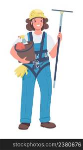 Female window cleaner semi flat color vector character. Standing figure. Full body person on white. Gender equality in workplace simple cartoon style illustration for web graphic design and animation. Female window cleaner semi flat color vector character