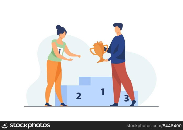 Female winner getting first prize. Man giving golden cup to woman at podium flat vector illustration. Winning, leadership, achievement concept for banner, website design or landing web page