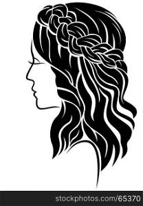 Female with long hair and classic braided plait, vector illustration isolated on the white background