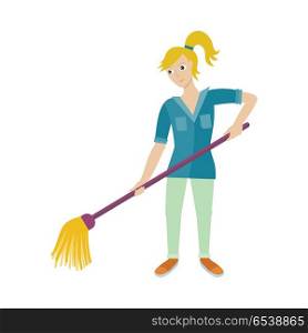 Female Worker of Cleaning Company with Broom.. Cleaning service. Female member of the cleaner service staff in uniform. Worker of cleaning company with broom. Successful cleaning business company. Hotel charwomen isolated. Vector illustration