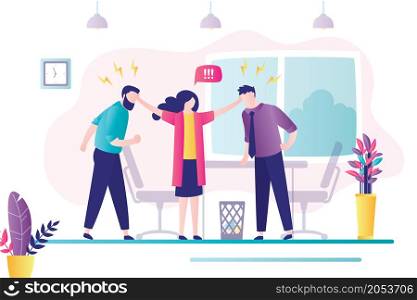 Female worker stops conflict between two angry male employees. Stress, emotions management at work. Conflict situation in office between workers. Office interior, workplace. Flat vector illustration. Female worker stops conflict between two angry male employees. Stress, emotions management at work. Conflict situation