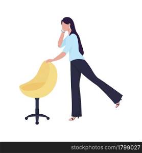 Female worker warming up with office chair semi flat color vector character. Full body person on white. Strengthening legs isolated modern cartoon style illustration for graphic design and animation. Female worker warming up with office chair semi flat color vector character