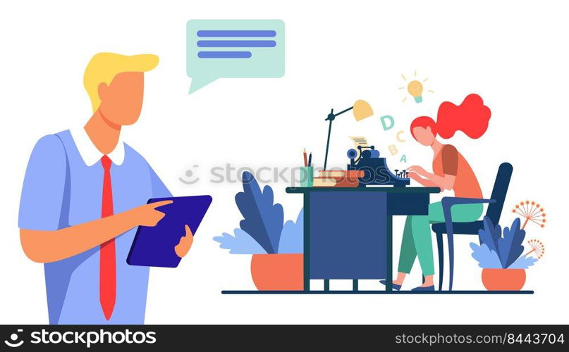 Female writer typing new text for editor. Article, book, idea flat vector illustration. Typography and work concept for banner, website design or landing web page