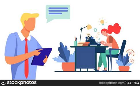Female writer typing new text for editor. Article, book, idea flat vector illustration. Typography and work concept for banner, website design or landing web page