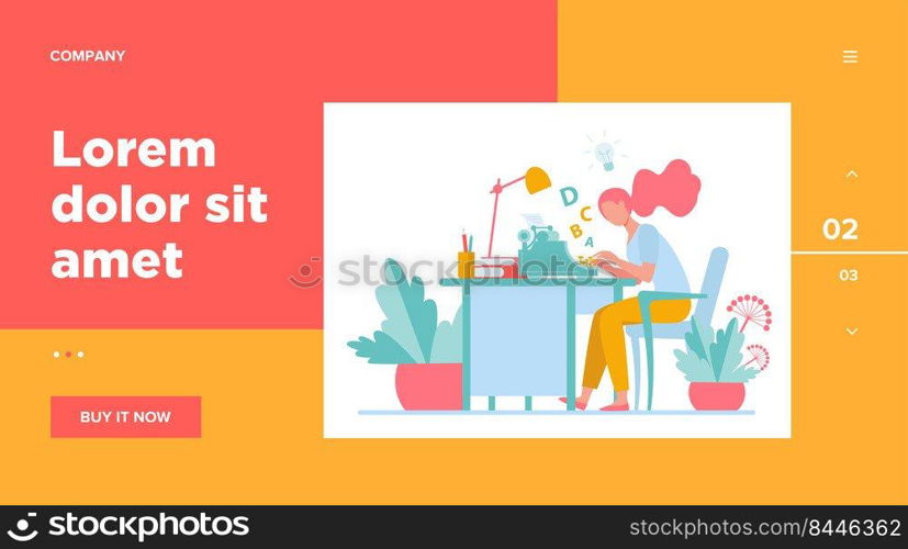 Female writer using retro typing machine. Young woman inspiring with idea, writing creative article at her workplace. Vector illustration for creative crisis, copywriting, vintage concept