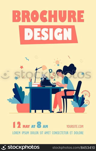 Female writer using retro typing machine. Young woman inspiring with idea, writing creative article at her workplace. Vector illustration for creative crisis, copywriting, vintage concept