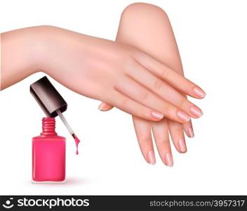 Female young hands with a pink nail polish bottle. Vector.