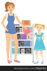 Females holding disk, seller and shopper character, woman giving multimedia object to girl. Second sale of obsolete goods, junk on shelf, retail vector. Retail of Obsolete Goods, Buying Disk, Dvd Vector
