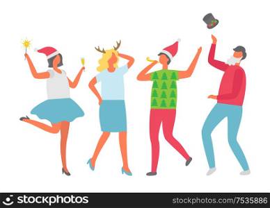 Females in Santa hat, cartoon characters isolated vector. Happy people celebrating Christmas party. Dancing man, woman in green sweater with fir trees. Females in Santa Hat, Cartoon Characters Isolated